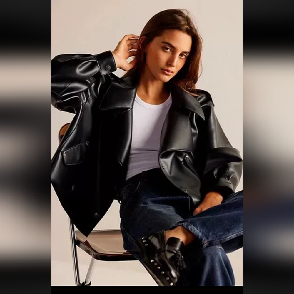 FREE PEOPLE We The Free Alexis Vegan Leather Jacket Black Size Medium Nwot